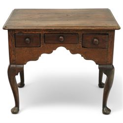George III oak low-boy, moulded rectangular top over three small drawers and shaped apron, moulded drawer fronts fitted with turned handles, on cabriole supports
