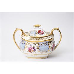 Brown-Westhead, Moore & Co cabinet cup and saucer, with rope twist moulded handle, hand-painted with floral reserves against a white and sky blue ground, heightened profusely with gilt, together with a pink hand-painted example, and a 19th century spill vase and twin-handled covered sucrier (4)