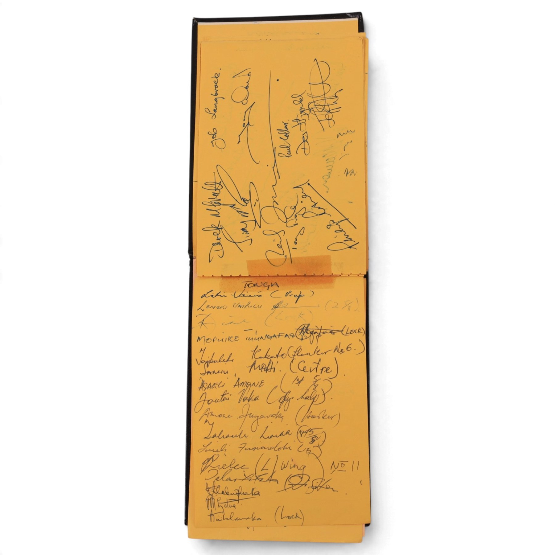 1987 Rugby Union World cup autograph book, with signatures of teams including New Zealand, Wales, Ireland, Tonga, Romania, Italy, Canada and Australia