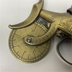 19th Century percussion eprouvette or gunpowder tester, with foliate engraved brass box lock and calibrated ratcheted wheel, steel trigger guard and walnut bag butt, L14cm