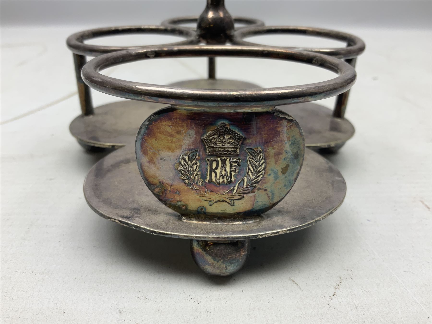 Walker & Hall silver plated RAF mess cruet frame H16.5cm; after Chas C