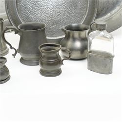 Collection of early 19th century and later British pewter, including a Palliser's of Wolverhampton 1/4 Gill measure and other measures, Skell & Chambers of Birmingham jug, etc