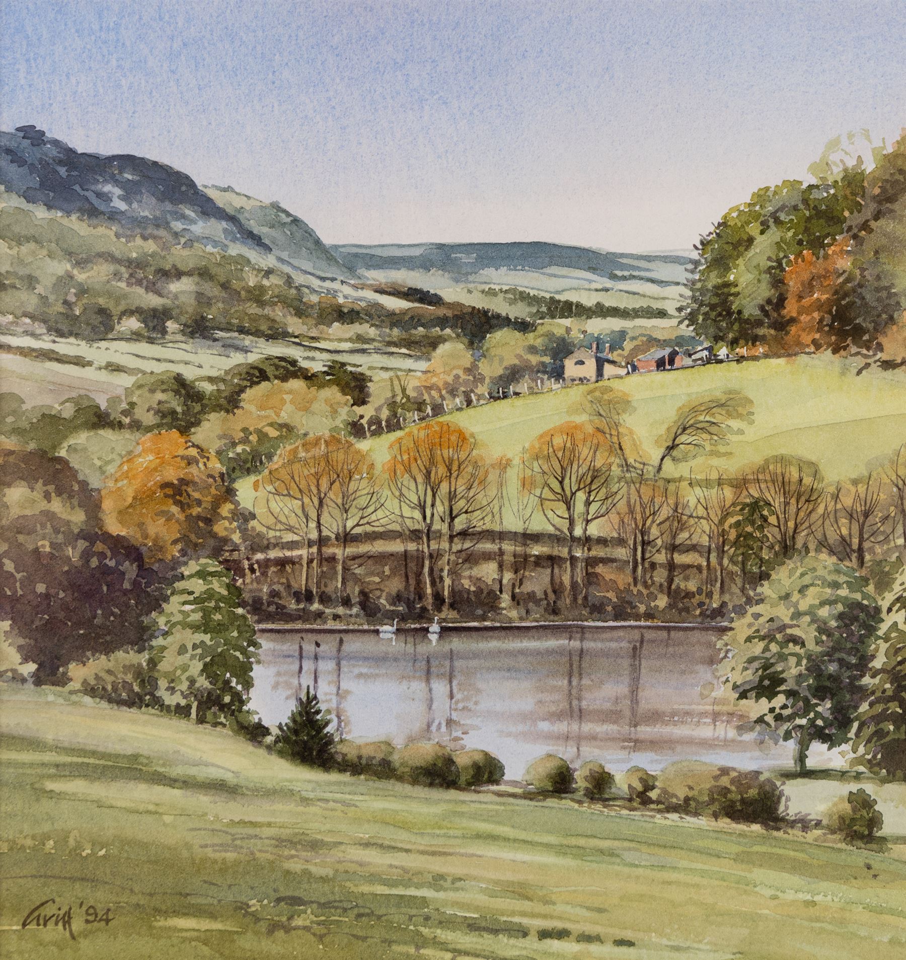 George 'Griff' Griffiths (British 1939-2017): 'Hackness Church from Hackness Park' 'Hackness Hall Lake Towards Langdale End' and 'Hackness Hall', triptych of watercolours signed Griff and dated '94, max 26.5cm x 54cm (3)