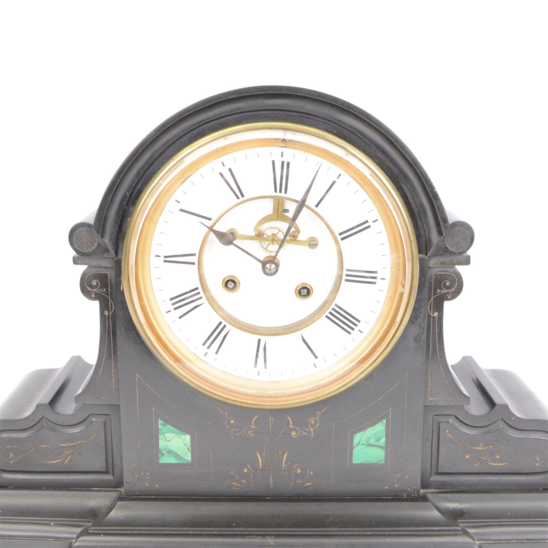 French- Belgium slate mantle clock c1880, drum movement case with voluted side supports and incised gilt decoration with contrasting panels of malachite inlay, two part enamel dial within a glazed cast brass bezel, with a visible Brocot escapement and cornelian pallets, Roman numerals and steel spade hands, twin train rack striking movement striking the hours and half-hours on a bell. With pendulum and key. 