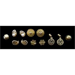 Pair of gold pearl and diamond stud earrings and five other pairs of gold earrings, all 9ct hallmarked or tested