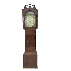 A compact Victorian longcase clock c 1840 with a thirty hour chain driven moment in a mahogany case with a Swans neck pediment and break arch hood door, trunk with canted corners and short trunk door on a square plinth with applied moulding to the base, fully painted break arch dial with representations of fruit to the spandrels and a hunting scene to the arch, with Roman numerals, minute track and plain brass hands, 