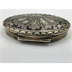 18th century silver plated oval snuff box with tortoiseshell lid inlaid with silver and mother of pearl 