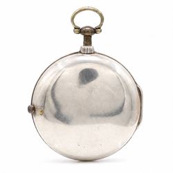 George III silver pair cased verge fusee pocket watch by W.C. Tooke, Lynn, No. 23960, pierced and engraved balance cock decorated with a mask, enamel polychrome dial depicting rope makers and personalised 'John Withers' hour markers, case by William Linsley, London 1814