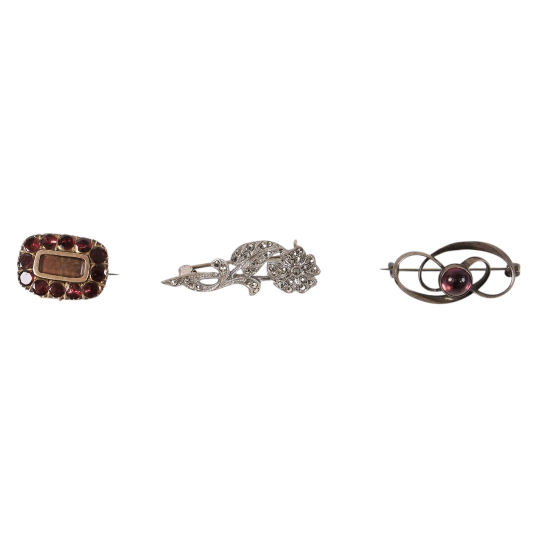 Silver-gilt filigree enamel necklace, silver stone set brooch by Charles Horner, silver marcasite brooch and a gold plated stone set hair work brooch