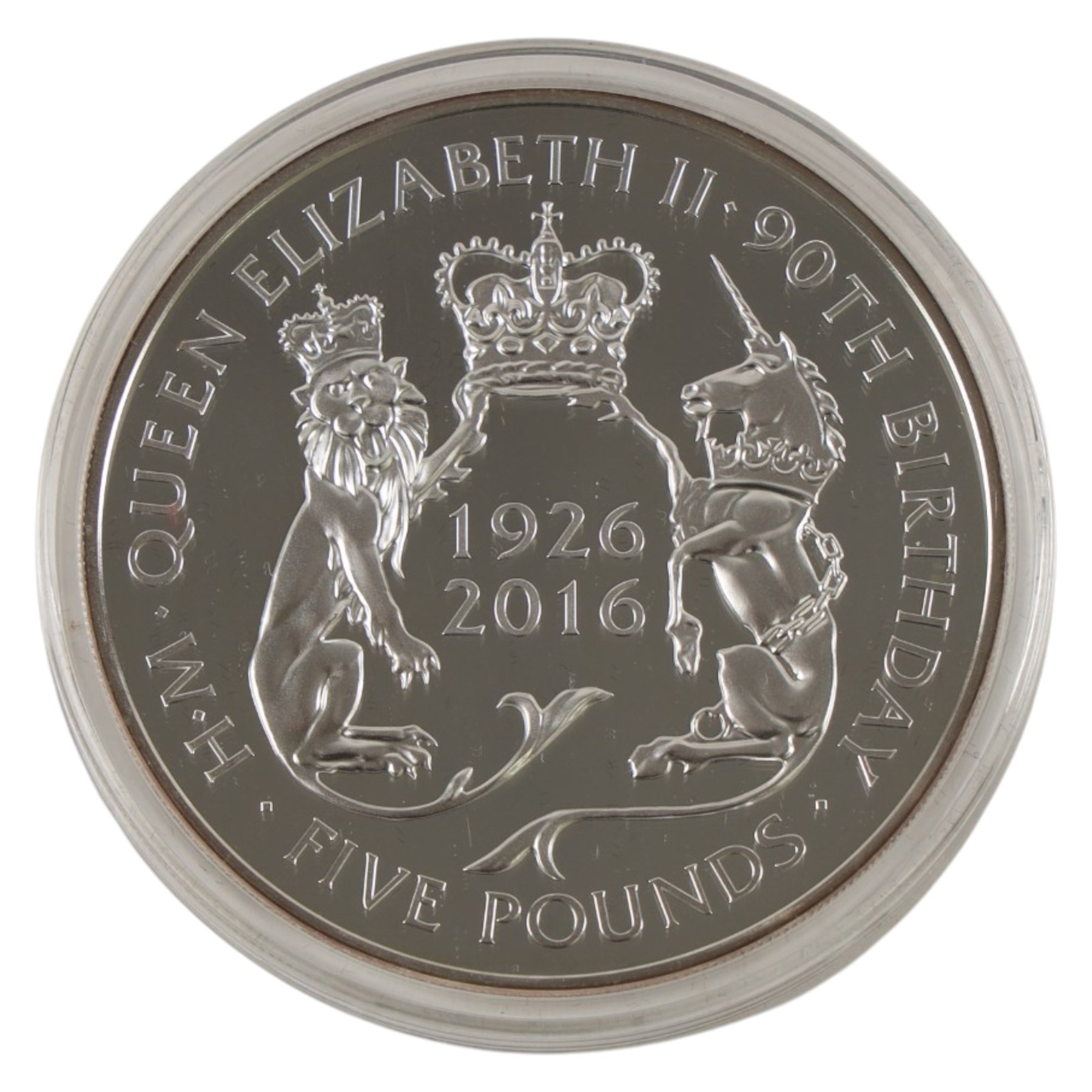 Queen Elizabeth II Tristan da Cunha 2016 'Queen Elizabeth II 90th Birthday' five ounce silver proof twenty-five pound coin, issued by the Jubilee Mint, cased with certificate