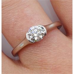 Platinum single stone round brilliant cut diamond, half bezel set ring, hallmarked, diamond 0.51 carat, colour H, VS2 clarity, with GIA report