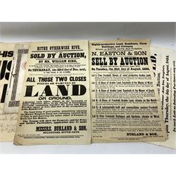 Seven late 19th/early 20th century auction posters of Hull/Yorkshire interest for properties in Hithe (Hive) 1852, South Cave 1880, Ellerker 1904, Hive 1921, Osbaldwick 1921, Balfour Street Hull 1922 and Sancton 1922; another for Cumberland 1824; two early 'This House To Let' posters; posters unframed and folded; and auction particulars for Gator Court, Ashburton, South Devon 
