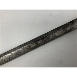 Victorian artillery officer's sword, the 90cm fullered steel blade by E. Thurkle Denmark Street Soho London decorated with Victoria cypher, Regimental crest and 'Royal Artillery', three-bar hilt with stepped pommel and wire-bound fish skin grip; in leather covered scabbard L107cm overall