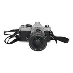 Two Nikon FM camera bodies, comprising Nikon FM serial no. 3239117, with a Nikon Series E 36-72mm 1:3.5 zoom lens and a Nikon FM2 serial no. 7141741, with a Nikkor 50mm 1:1.8 lens and a Nikon Series E 70-210mm 1:4 zoom lens