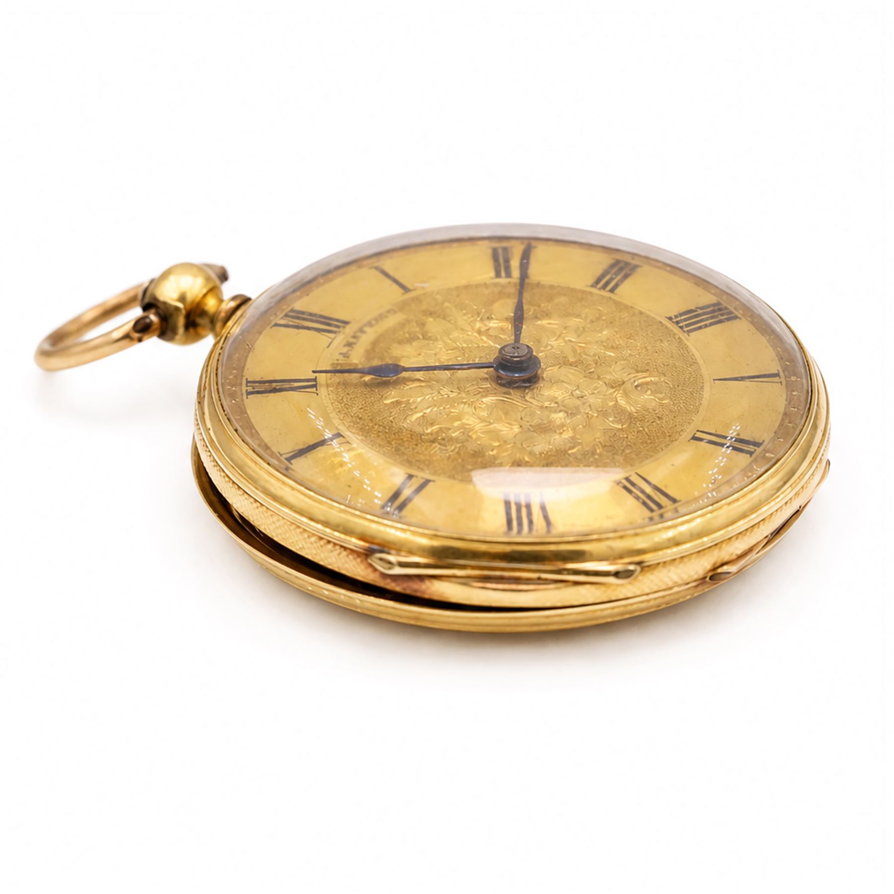 19th century 18ct gold cylinder pocket watch, gilt dial with Roman numeral hour markers, retailed by A.Matthey, back case with engine turned decoration and empty cartouche, stamped 18 Carat Fine