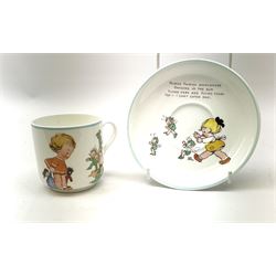 Shelley Boo Boo three piece tea set designed by Mabel Lucie Attwell, comprising teapot modelled as a house, sugar bowl modelled as a toadstool, and creamer modelled as an elf, each with printed marks beneath, together with a Shelley Mabel Lucie Attwell teacup and saucer. 