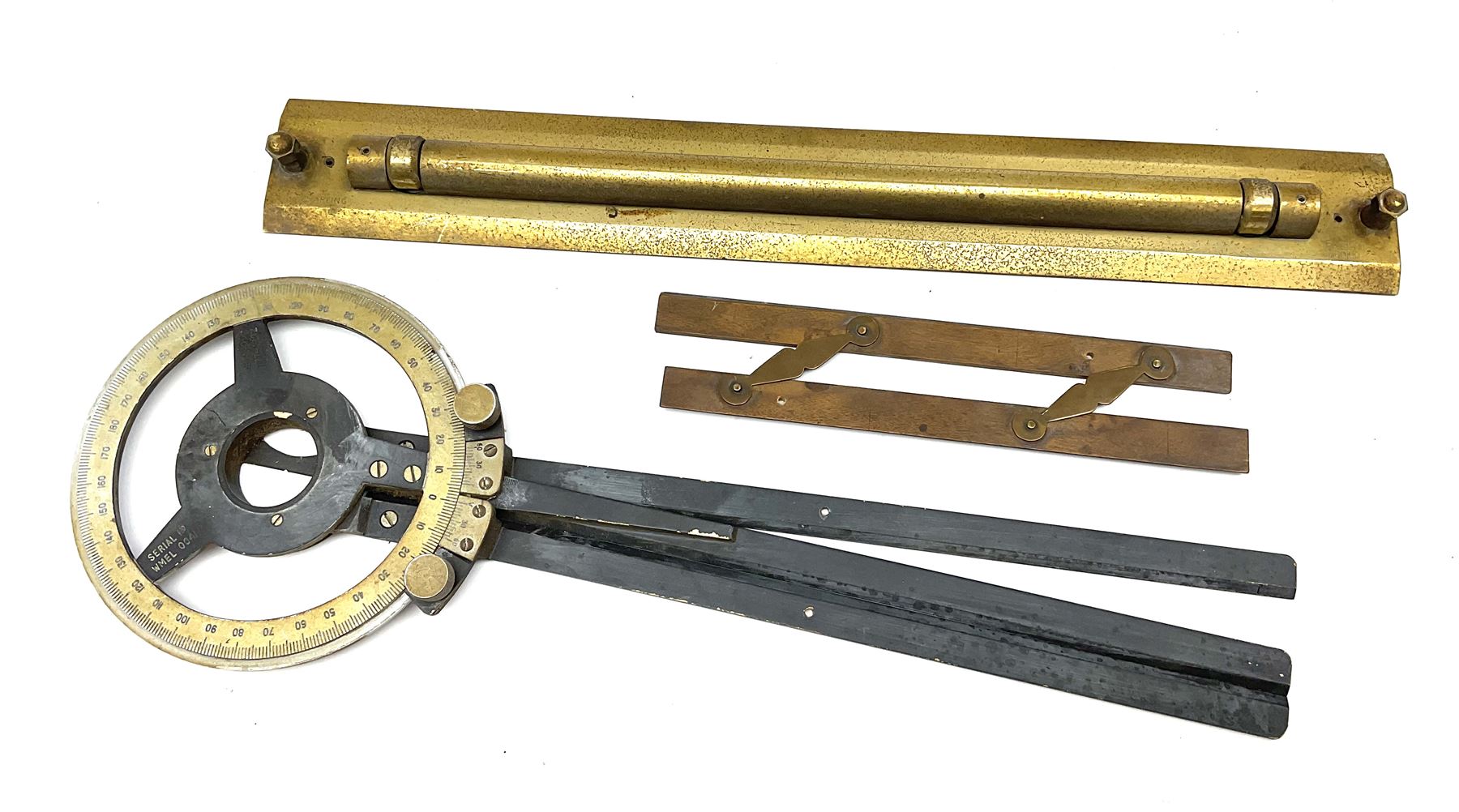 Brass and black painted maritime station pointer inscribed 6675-99-777-3202 Serial No.WMEL 0041 L45.5cm; Harling brass rolling ruler Patt.No.160100; and a parallel ruler; all unboxed (3)