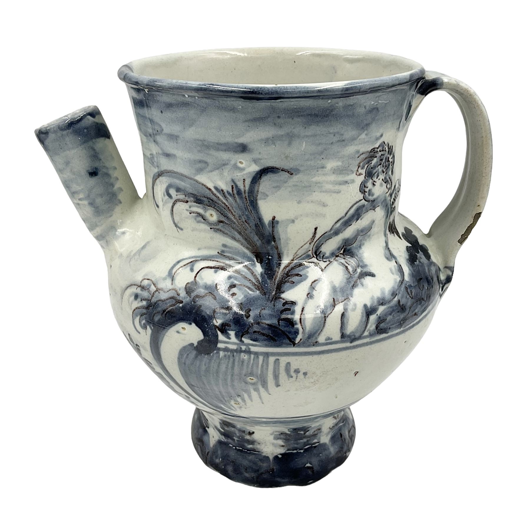Tin glazed earthenware wet drug jug, decorated with cherubs in a landscape, H90cm 