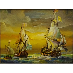  Masted Vessels off a Dutch Shore, pair oils on canvas indistinctly signed 21cm x 29cm (2)  