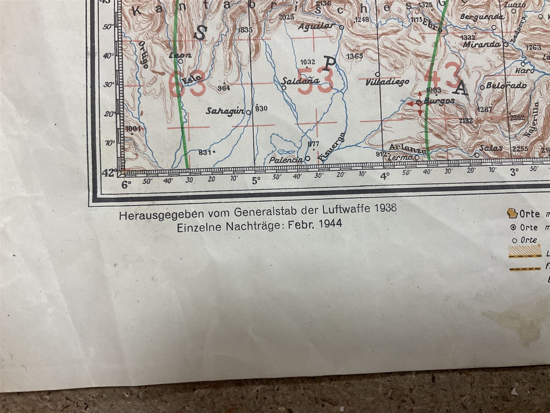 WWII German navigation map, Luft-Navigationskarte in Merkatorprojektion, of England, France, Netherlands, Denmark, H110cm, W74cm 
