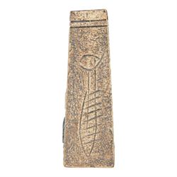 Louise Jinks for Troika Pottery, coffin vase with with incised geometric decoration, signed to base, H17cm 