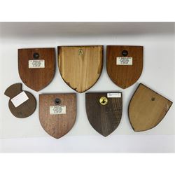 Six Naval wall shields, including HMS President, Vanguard, HMS Kilmorey etc, and another plaque 