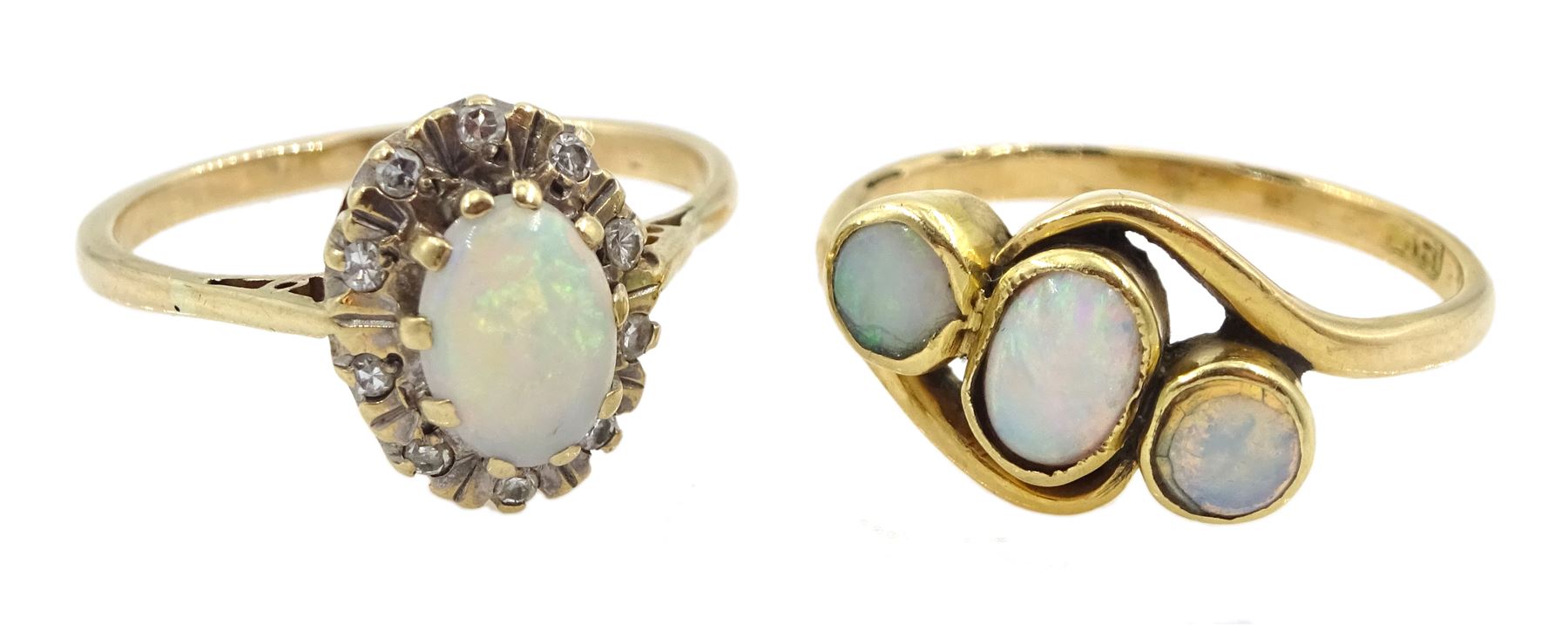 Gold three stone opal ring, stamped 18ct and a 9ct gold opal and diamond cluster ring
