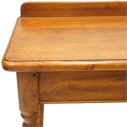 Country style oak server, rectangular top with galleried back and chamfered edges, plain frieze above turned tapering supports