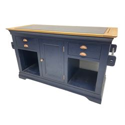 Kitchen island, oak top with black granite inset, on dark blue painted base fitted with cupboards and drawers