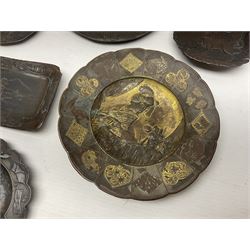 Brass sunfish ashtray, Chinese silver plated trinket box with mirror, bronzed matchbox cover and a collection of other Oriental bronzed embossed metal trays