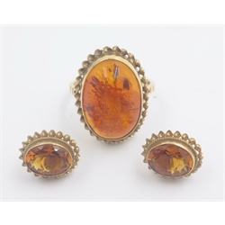  Amber gold ring and pair matching ear-rings hallmarked 9ct  