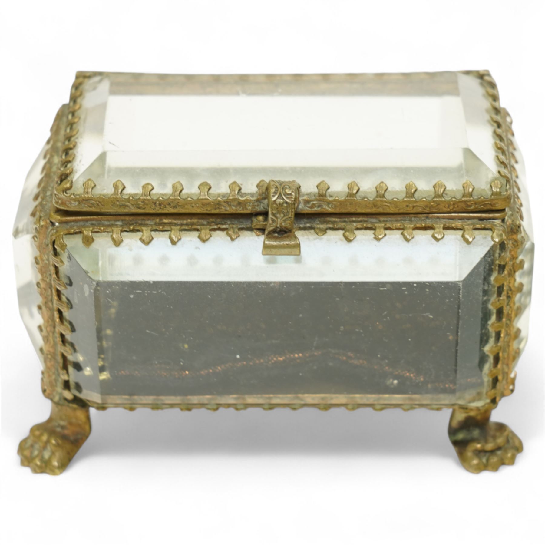 French bevelled glass bijouterie boxes, with gilt metal framing, raised on scrolled and paw feet, the square example with 'Le Hotel de Ville - Paris' scene to cover (2)