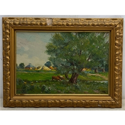 Ernest Cox (British exh.1909-1938): Cattle 'In Wilford' Nottingham, oil on board signed, titled verso 26cm x 39cm