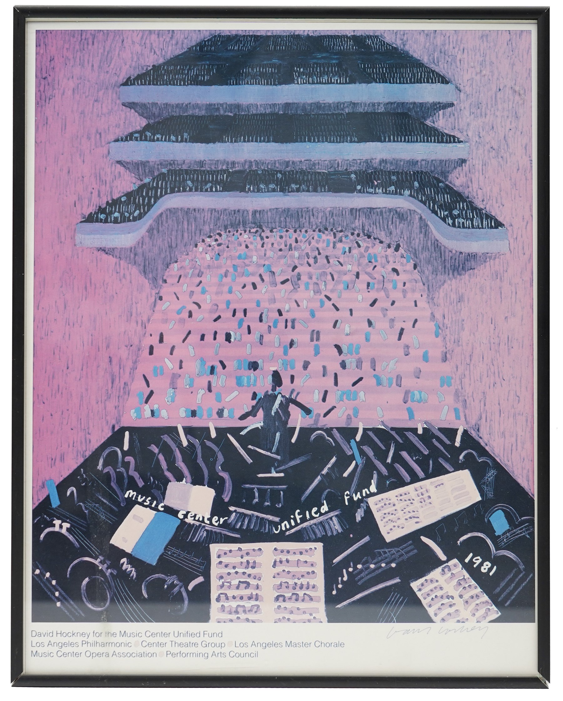 After David Hockney (British 1937-2026): 'Glyndebourne Touring Opera - Exhibition of Costume, Set Designs and Related Material' poster, coloured print 62cm x 40.5cm; After David Hockney (British 1937-2026): 'Music Center Unified Fund - Los Angeles Philharmonic' poster, coloured print 28.5cm x 23.5cm (2)