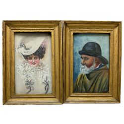 English School (19th century): Classical Maiden Holding Urn, watercolour unsigned 30cm x 21cm; English School (19th century): Lady in White and Fisherman, pair miniature oils on board indistinctly signed 13cm x 8cm (3)