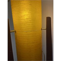 Mid century floor standing rocket lamp, the spun cylindrical orange fibreglass shade supported by three tapering teak legs, together with a matching small cylindrical shade, lamp H112cm