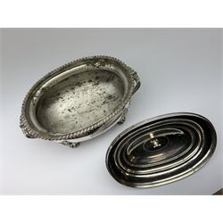 Matthew Boulton silver plated tureen and cover, the body of oval form with twin handles engraved with crest, probably for Whitgreave/Whitgrave family of Moseley Staffordshire, 'Regem Defendere Victum', (To defend the king even in his defeat/To defend the conquered king ), upon four paw feet, the cover with gadrooned rim and foliate loop handle 