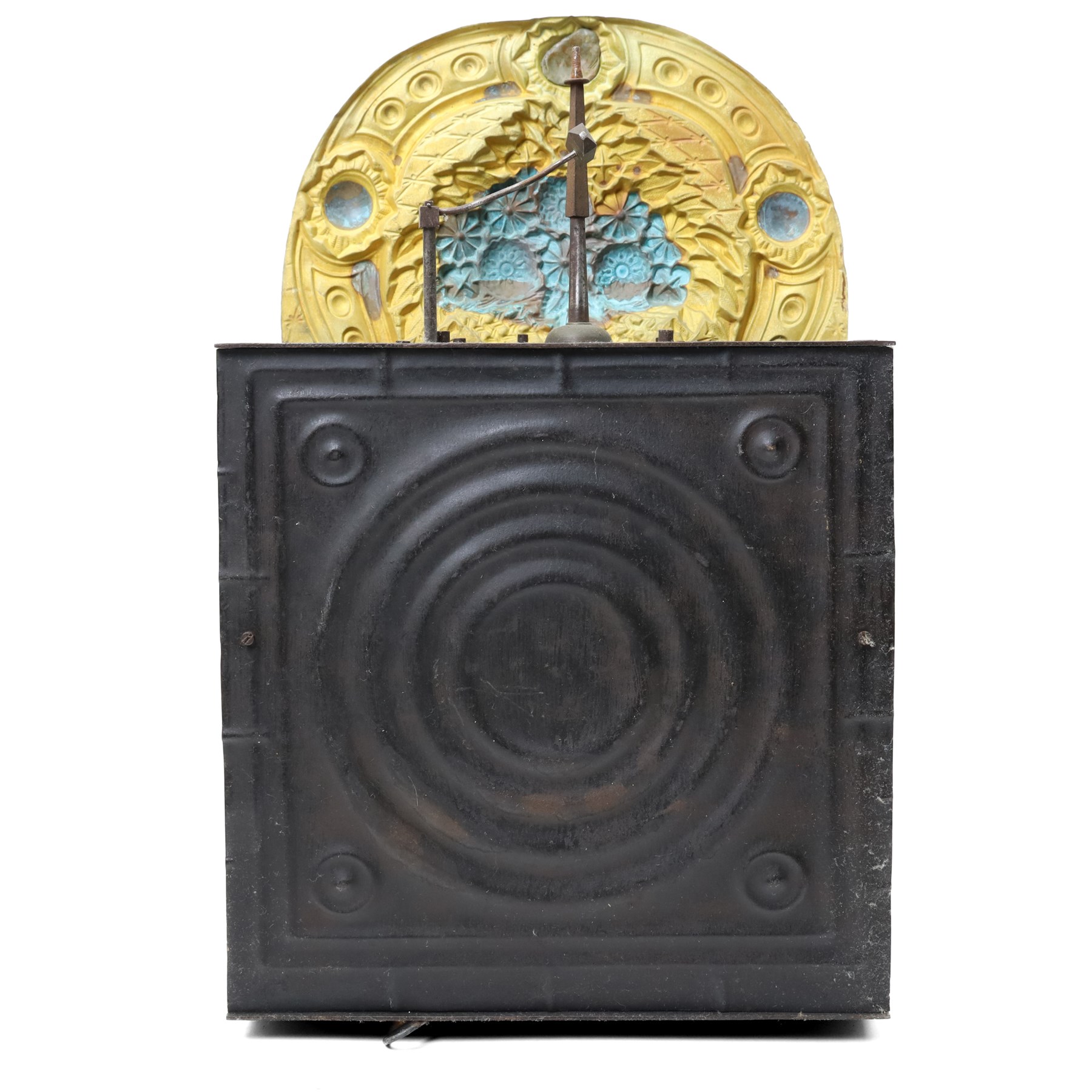 19th century French longcase clock movement, the white dial inscribed Dumont, a L'Isle sur les Doubs, gilt metal surround with bell strike and weights 45cm x 28cm
