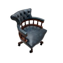 Captains swivel desk chair, upholstered in blue finished buttoned leather
