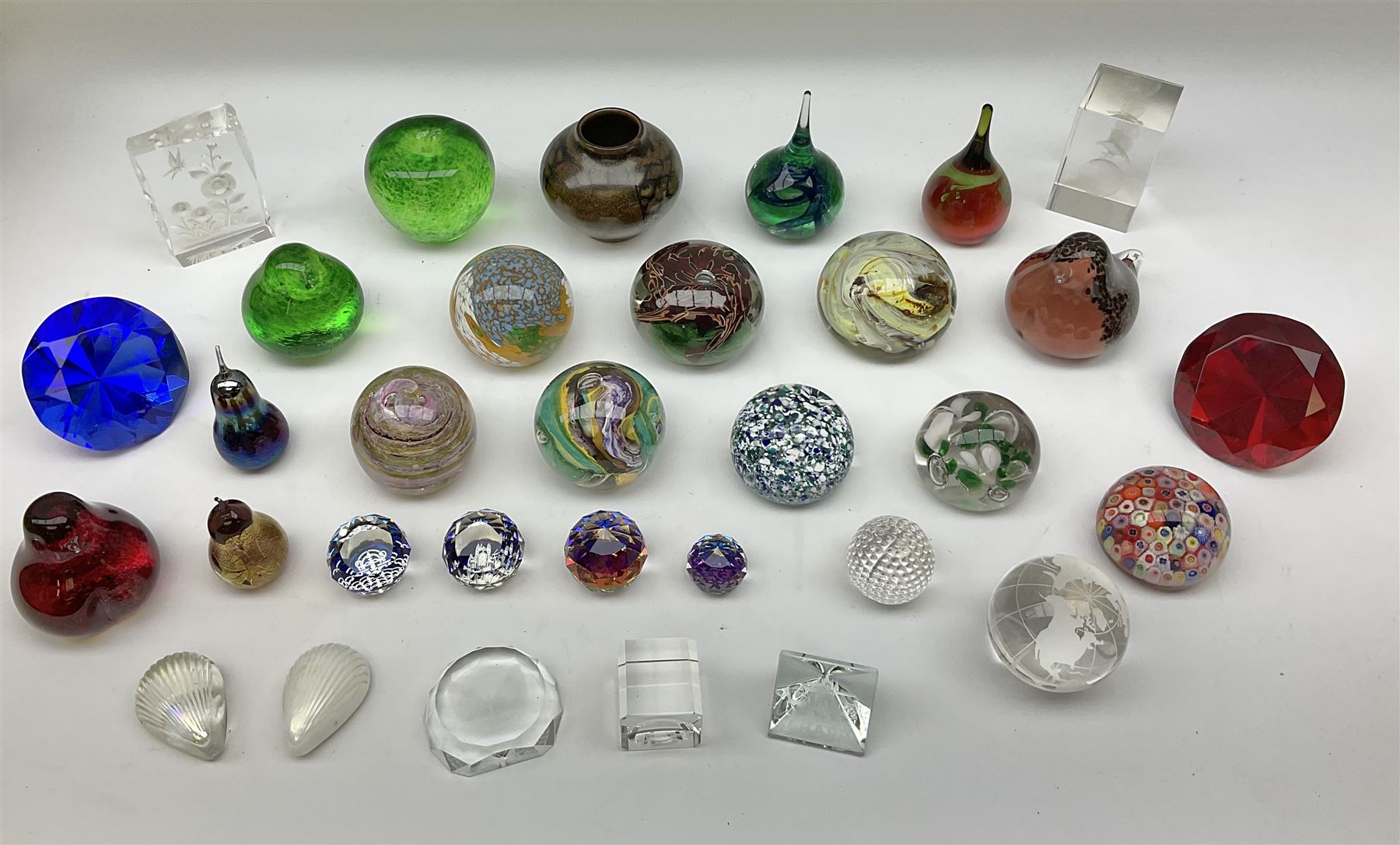 Collection of glass paperweights to include three Wedgwood examples modelled as birds, two Rosenthal faceted examples, a millefiori example, together with art glass examples to include Eirian swirled teardrop and another teardrop shaped paperweight by Caithness