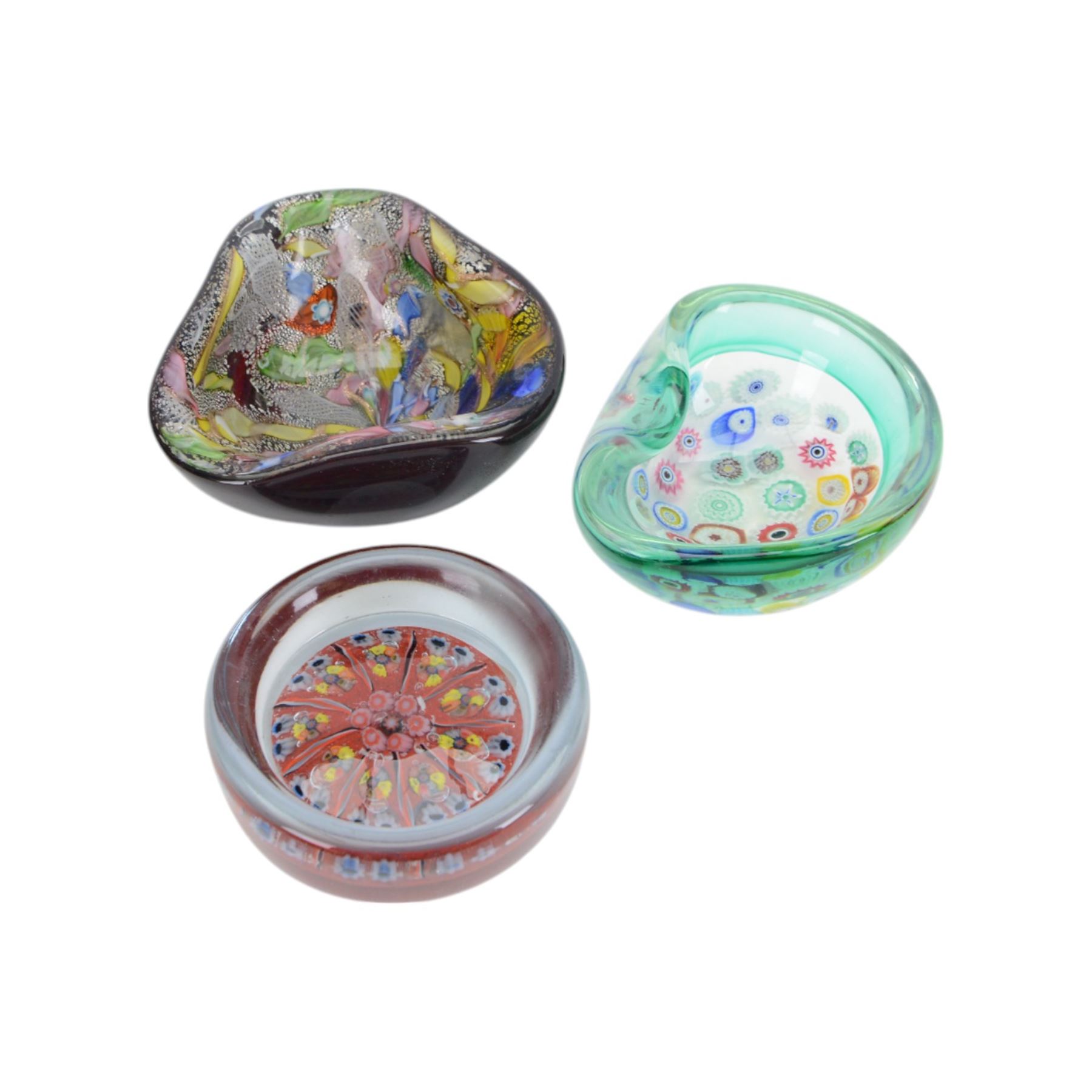 Millefiori glass bowl, upon a circular base, together with a glass bottle with millefiori base and four others 