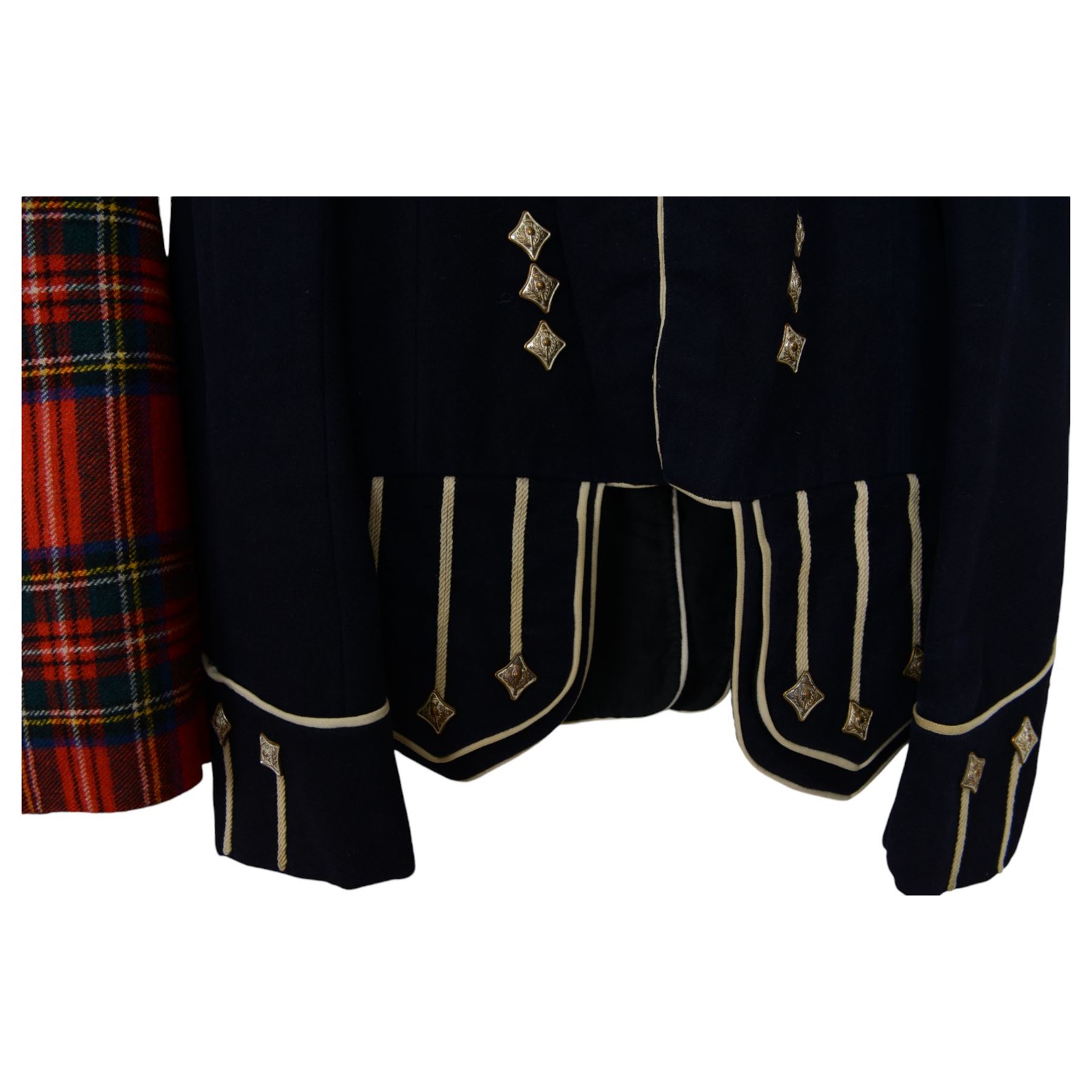 Set of mid 20th century bagpipes, with McLeod chanter, Royal Stuart cover, tassels, ribbons and spare accessories, contained within a wooden carry case, together with a Scarborough Highland Pipe Band uniform, comprising black highland dress jacket, Royal Stuart kilt, Glen Garry hat, Swinging Six sporren, Sgian Dubh knife, piper's dirk with knife and fork, etc