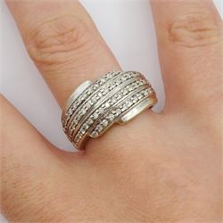 9ct white gold four row round brilliant cut diamond ring, hallmarked 