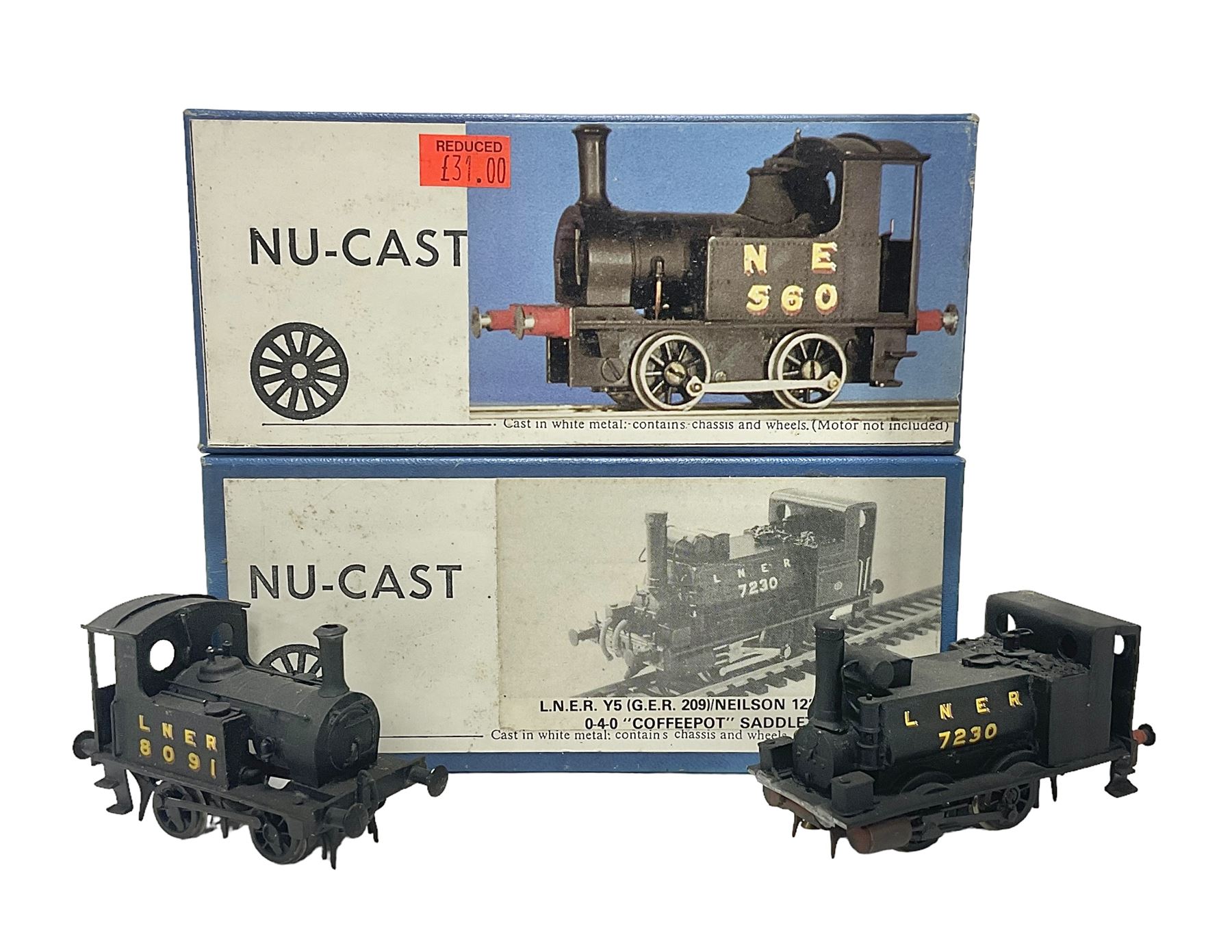 Nu-Cast ‘00’ gauge - two kit built steam locomotives comprising NER/ LNER/BR Class Y8 0-4-0T no.8091 in LNER black; LNER Class Y5 (GER 209)/Nielson 12” Mineral 0-4-0 “Coffeepot” Saddle Tank in LNER black; both with original boxes (2) 