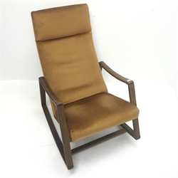 Mid 20th century teak framed rocking chair, upholstered back and seat, W64cm