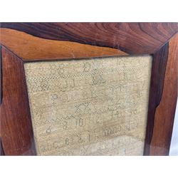 Early Victorian sampler by Jane Watson, 1848, worked in blues, greens and beige with alternating panels of the alphabet and numbers, housed in glazed mahogany frame, H46cm W34cn