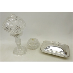  Bohemian cut crystal table lamp, H39cm and silver-plated two division entree dish both presented to Mrs Petch by the Members of Boosbeck W.I. and entree dish by Priestcrofts C.C and a cut crystal rose bowl (3)  