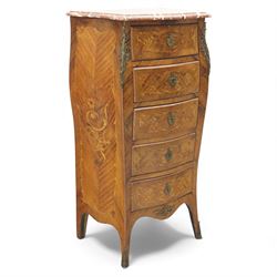 20th century Louis XV style kingwood chest, serpentine rectangular rouge marble top above ...