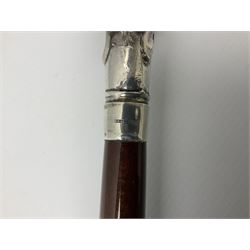 Art Deco style Italian 'Rivestito' covered silver walking stick handle, modelled in the form of a swan, stamped 'R', upon a silver collar hallmarked Birmingham 1986, makers mark DH-L, and hardwood shaft, L96cm

Provenance by vendor repute: 
This walking cane comes from a private collection amassed by the current vendors mother who was an Antique dealer specialising in walking sticks, working at the Portobello Road Antique Market in London for over forty years. 
In 1988 the prop crew from LWT (now ITV) visited Portobello Road looking for, amongst other items, a signature stick for David Suchet to use in his portrayal of Agatha Christie's Poirot. 
At the time this particular walking stick was one of five in possession. The prop crew chose and purchased another of the five which was then used by Suchet throughout all seventy episodes of the much loved series. 
Following the conclusion of the series Suchet was gifted his particular cane, which has been loaned to and can now be seen at the Agatha Christie Gallery at the Torquay Museum. 
