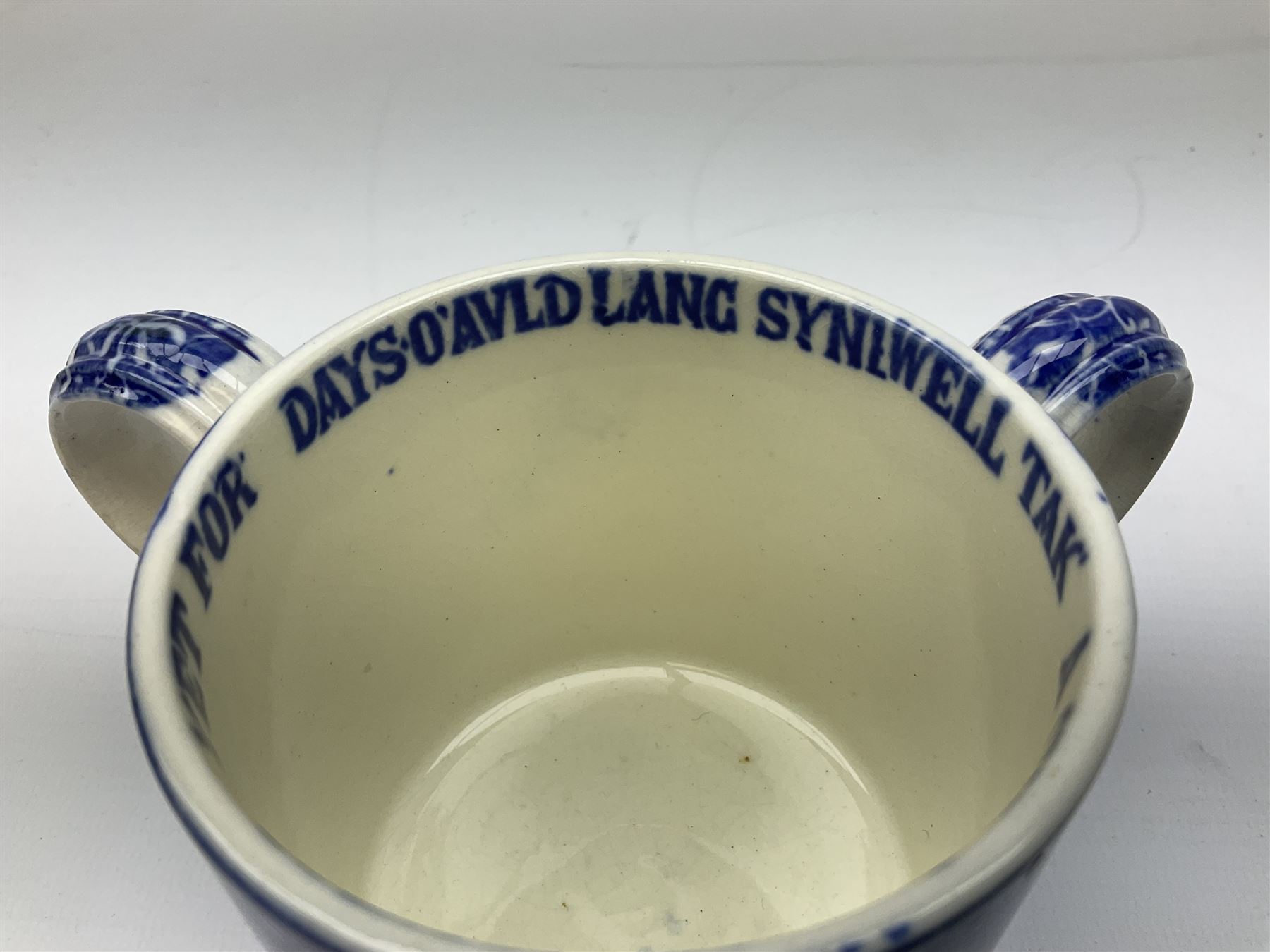 Copeland Spode Italian pattern tyg, inscribed with Auld Lang Syne to interior rim, with printed blue mark beneath (a/f), together with Spode Italian Pattern jug with blue mark, Spode’s Byron bowl with blue mark and Spode Italian pattern candle with black mark (4)